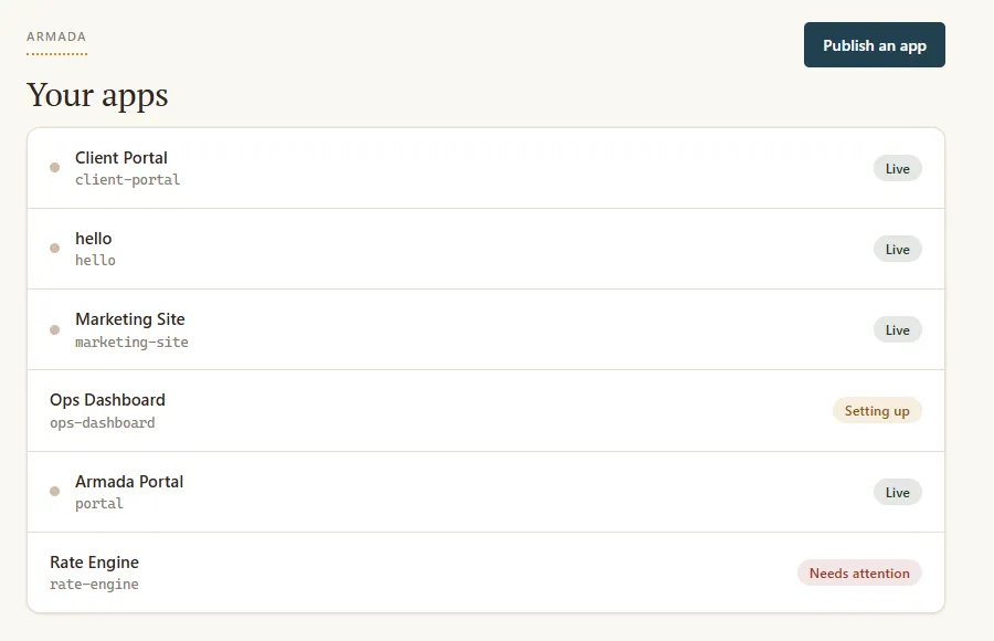 Armada control panel listing synthetic internal applications and their status.