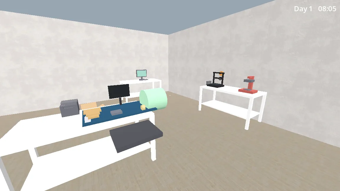 Early greybox Warehouse Simulator workshop with workbenches, conveyor equipment, packing materials, and several 3D printers.